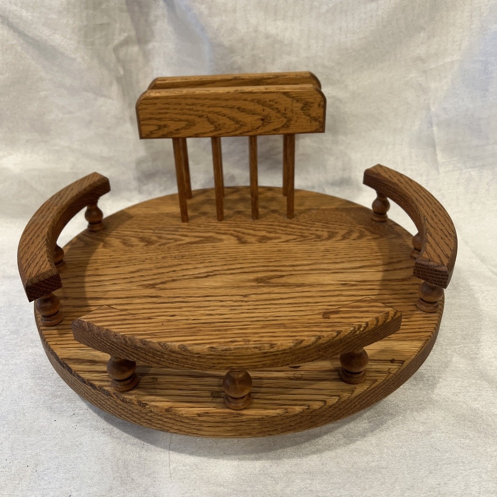 Vintage Wood‎ Handcrafted Oak Tabletop Lazy Susan With Napkin Holder USA 12"